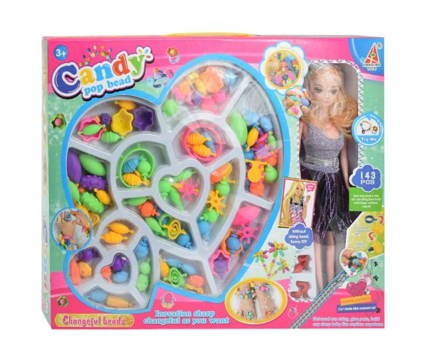 Candy PopBead: 143db-os Ékszerkészítő gyöngyszett babával, színes gyöngyökkel, gyűrűkkel és kiegészítő elemekkel