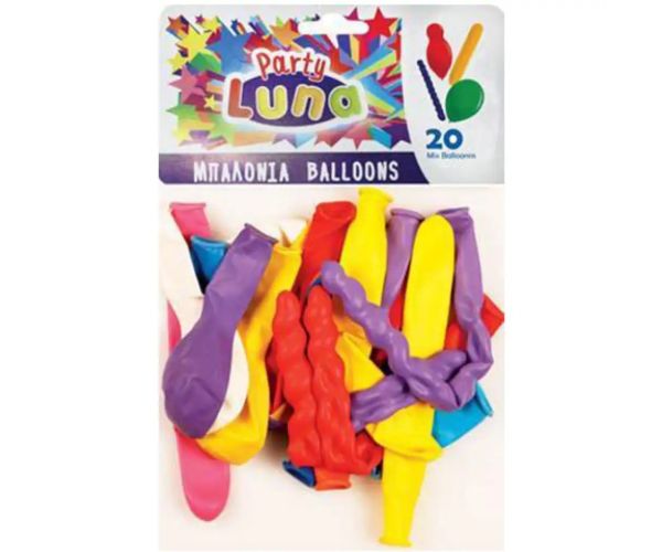 Luna: 20 dielny set farebných balónov rôznych tvarov