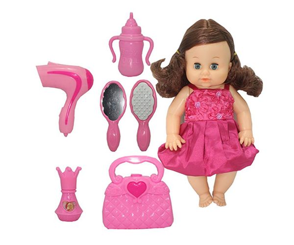 Dorina barna hajú 36cm-es pisilő baba fodrász készlettel, kiegészítőkkel és hang effektekkel
