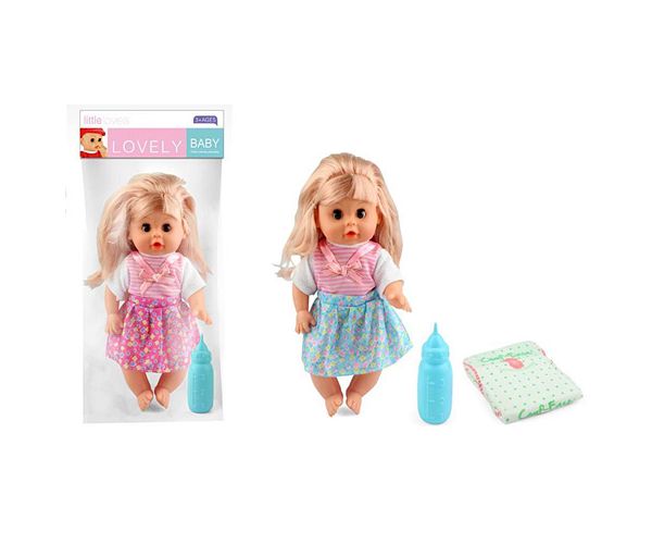 Pislő baba masnis ruhában kiegészítőkkel 30cm