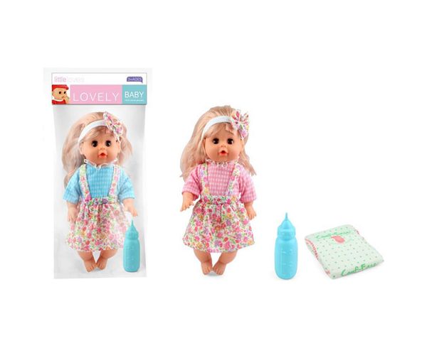 Pislő baba virágos szoknyában kiegészítőkkel 30cm