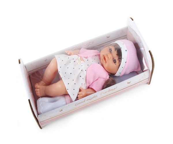 Pisilő baba csillagos ruhában hanggal és kisággyal 30cm