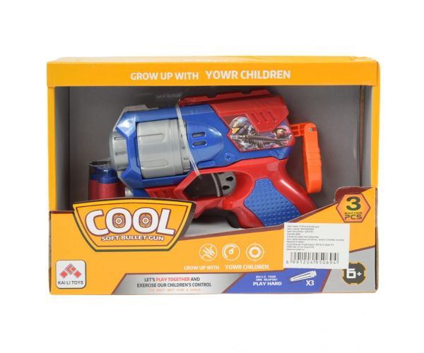 Cool Soft Bullet Gun: Kisméretű szivacslövő fegyver töltényekkel kék-piros színben 14cm