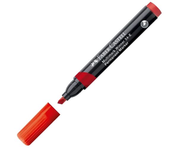 Faber-Castell: Permanentný značkovač červený alkoholový popisovač so sekaným hrotom