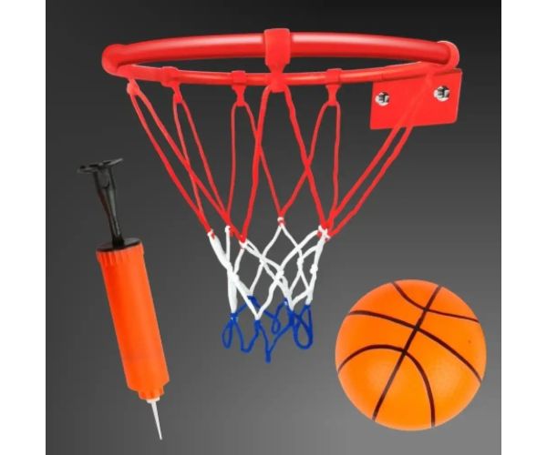 Súprava kovového basketbalového prsteňa s farebnou sieťkou, loptou a pumpou, 22 cm