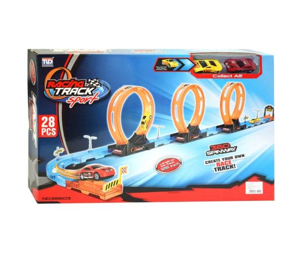 Racing Track: 28-dielny set pretekárskej dráhy s 3 slučkami a 2 autíčkami 1/64