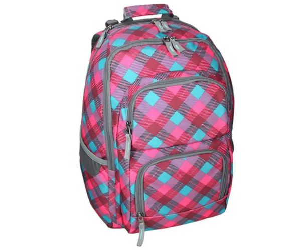Spirit: E-Bag ružová a tyrkysová kockovaná zaoblená školská taška, batoh 46x34x22cm