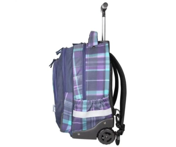 Spirit: Trolley fialová školská taška batoh s kockovaným vzorom na kolieskach