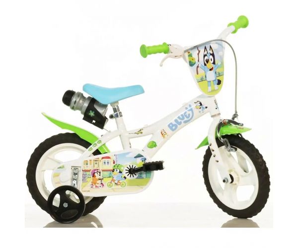 Bluey 12” gyerek bicikli kulacstartóval és oldalkerekekkel fehér-kék-zöld színben – Dino Bikes kerékpár