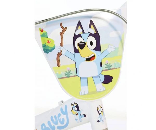 Bluey 12” gyerek bicikli kulacstartóval és oldalkerekekkel fehér-kék-zöld színben – Dino Bikes kerékpár