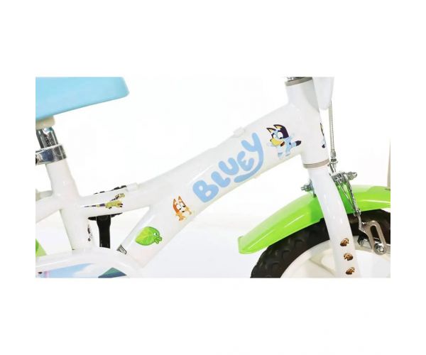 Bluey 12” gyerek bicikli kulacstartóval és oldalkerekekkel fehér-kék-zöld színben – Dino Bikes kerékpár