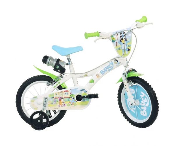 Bluey 14” gyerek bicikli kulacstartóval és oldalkerekekkel fehér-kék-zöld színben – Dino Bikes kerékpár