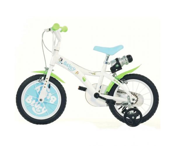 Bluey 14” gyerek bicikli kulacstartóval és oldalkerekekkel fehér-kék-zöld színben – Dino Bikes kerékpár