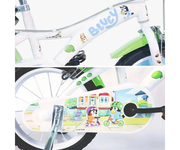 Bluey 14” gyerek bicikli kulacstartóval és oldalkerekekkel fehér-kék-zöld színben – Dino Bikes kerékpár