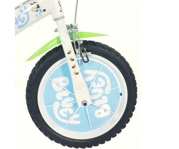 Bluey 14” gyerek bicikli kulacstartóval és oldalkerekekkel fehér-kék-zöld színben – Dino Bikes kerékpár