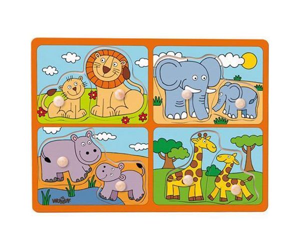 Vadállatok kicsinyükkel fa forma-puzzle fogantyúval - Woodyland