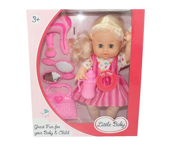 Dorina 38cm-es pisilő baba fodrász készlettel, kiegészítőkkel és hang effektekkel