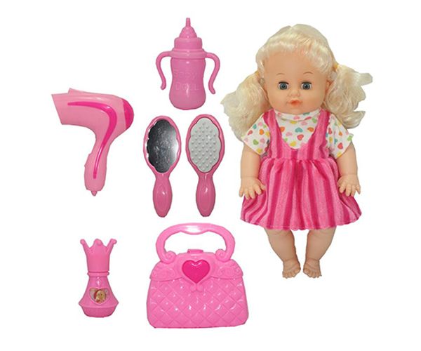 Dorina 38cm-es pisilő baba fodrász készlettel, kiegészítőkkel és hang effektekkel