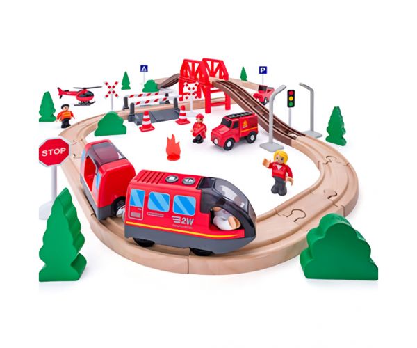Fa vasút szett tűzoltó autóval és elemes vonattal - Woodyland