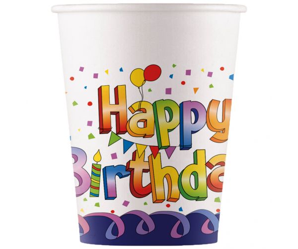 Szivárványos szülinapi "Happy Birthday" feliratú papírpohár 8db-os szett 200ml