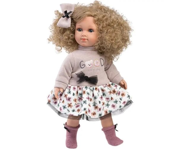 Llorens: Bábika Elena v tylových kvetinových šatách a s kučeravými blond vlasmi 35 cm