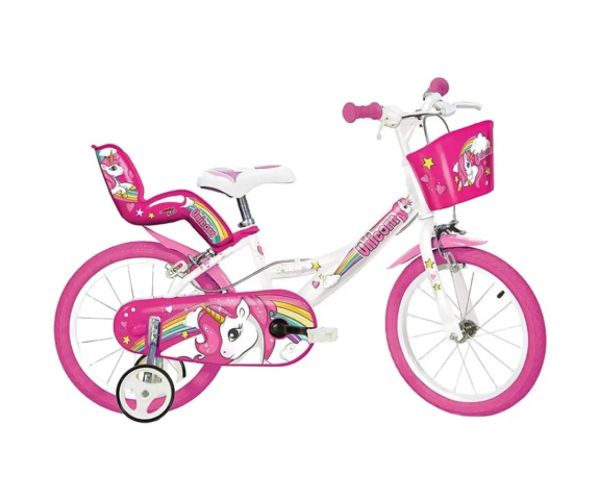 Ružovo-biely detský bicykel s jednorožcom veľkosti 14 - Dino Bikes bicykel