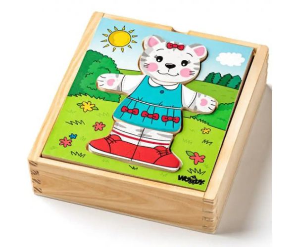 Mačka na obliekanie, drvené puzzle 18 dielny set - Woodyland