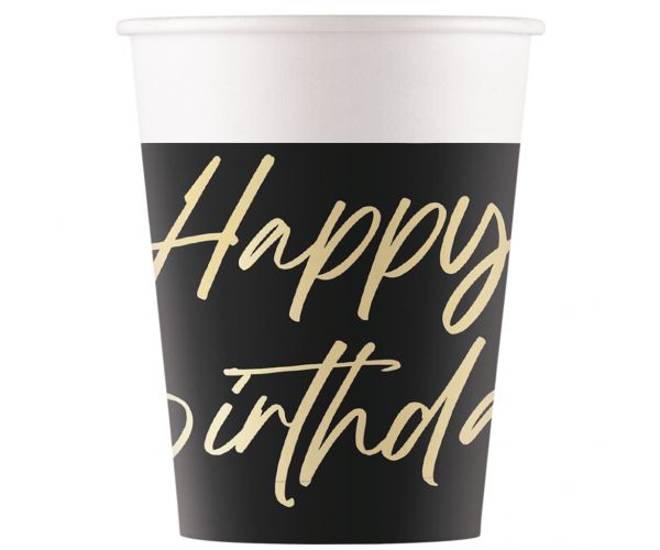 Elegáns szülinapi „Happy Birthday” feliratú papírpohár 8db-os szett 200ml