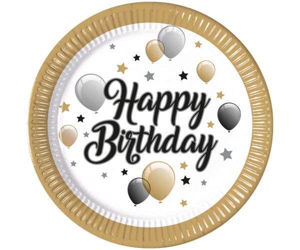 Elegáns szülinapi „Happy Birthday” feliratú papírtányér 8db-os szett