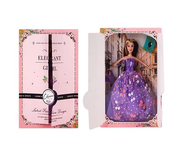 Elegáns Divatbaba kiegészítőkkel lila ruhában 30cm
