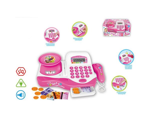 Elektromos pénztárgép pink színben, mérleggel és kiegészítőkkel
