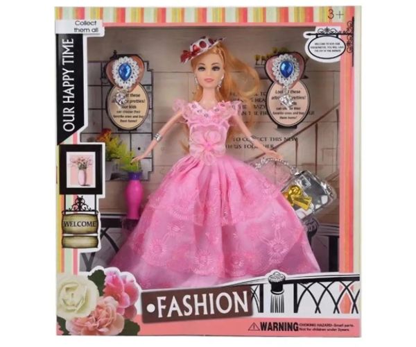 Fashion módna bábika 29 cm s klobúkom, v ružových večerných šatách s príslušenstvom