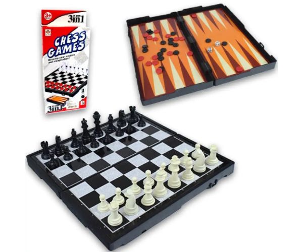 3v1 plastová šachovnica so šachovými figúrkami + figúrky dámy