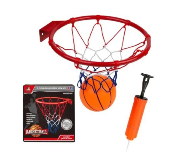 Súprava kovového basketbalového prsteňa s farebnou sieťkou, loptou a pumpou, 22 cm