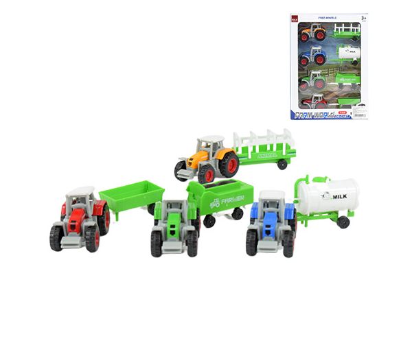 Farm World: 4 db-os mezőgazdasági traktor szett utánfutóval 1/64