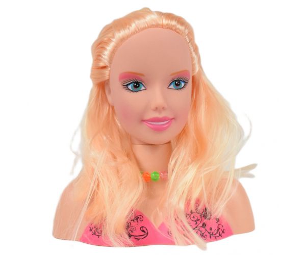 Fashion Girl: Szőke hajú fésülhető és fodrászolható babafej sminkpalettával és kiegészítőkkel 21cm