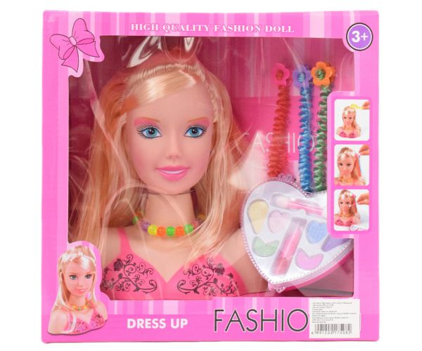 Fashion Girl: Szőke hajú fésülhető és fodrászolható babafej sminkpalettával és kiegészítőkkel 21cm