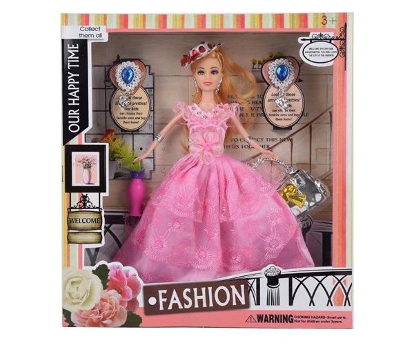 Fashion divatbaba kalappal, rózsaszín báli ruhában kiegészítőkkel 29cm