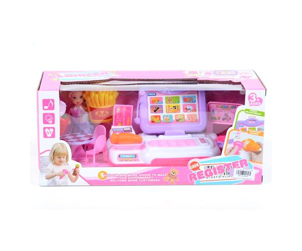 Lila-pink pénztárgép kiegészítőkkel, fénnyel és hanggal