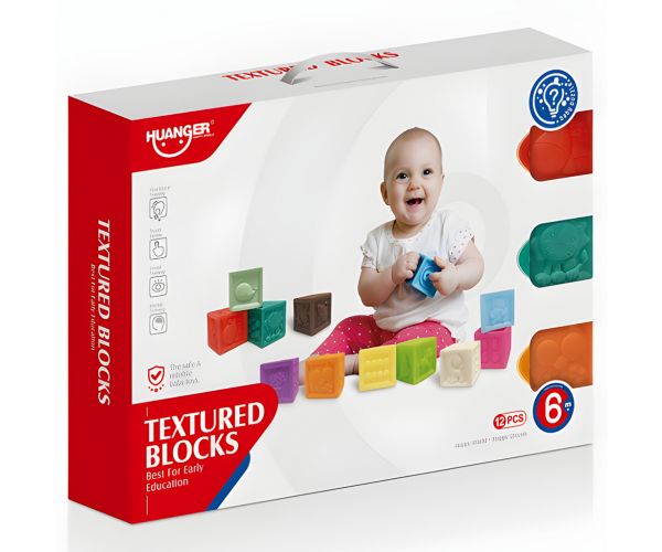 Happy World: 12 db-os tapintásfejlesztő puha építőkocka szett