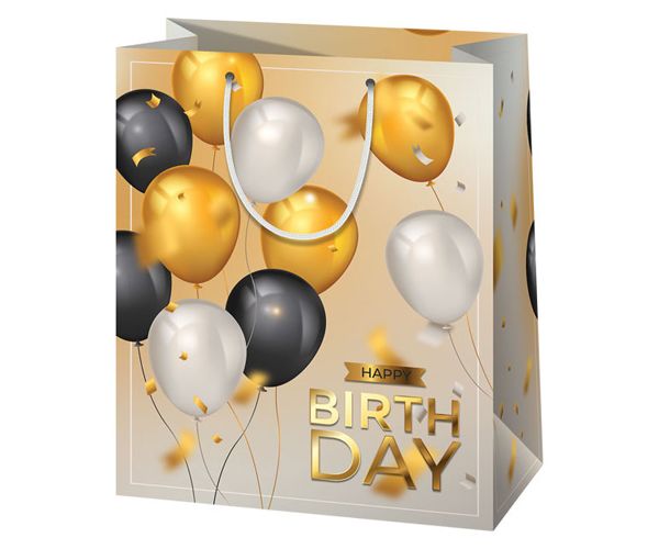 Happy Birthday! arany lufis exkluzív közepes méretű ajándéktáska 18x10x23cm