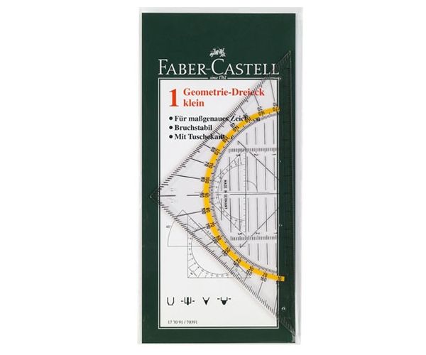 Faber-Castell: Háromszög alakú derékszög vonalzó benne szögmérővel