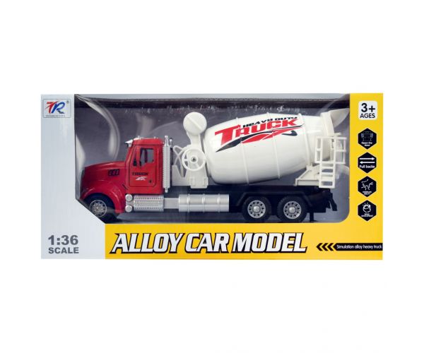 Heavy Duty Truck: Hátrahúzós fém betonkeverő mixer teherautó modell nyitható ajtókkal és forgó dobbal 1/36