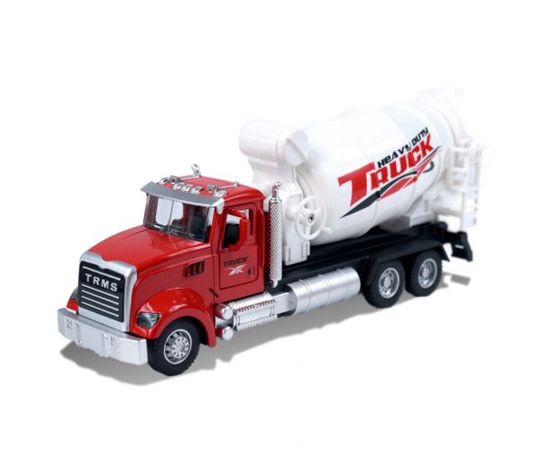 Heavy Duty Truck: Hátrahúzós fém betonkeverő mixer teherautó modell nyitható ajtókkal és forgó dobbal 1/36