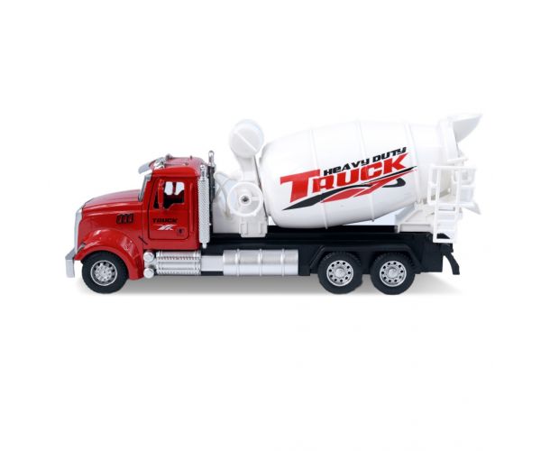 Heavy Duty Truck: Hátrahúzós fém betonkeverő mixer teherautó modell nyitható ajtókkal és forgó dobbal 1/36
