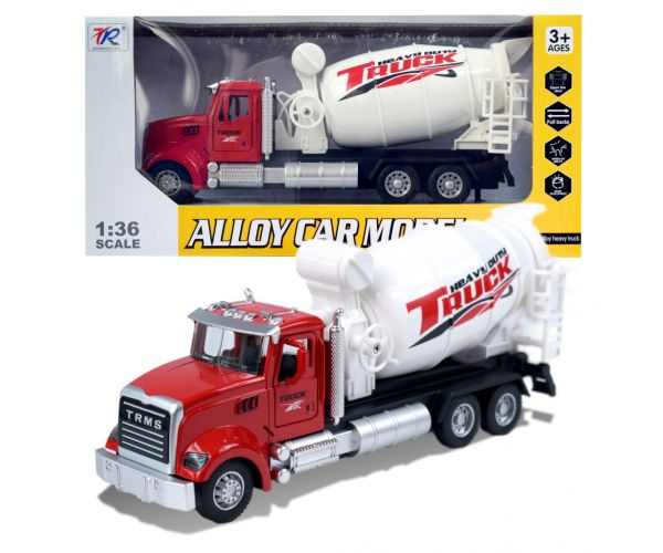 Heavy Duty Truck: Hátrahúzós fém betonkeverő mixer teherautó modell nyitható ajtókkal és forgó dobbal 1/36