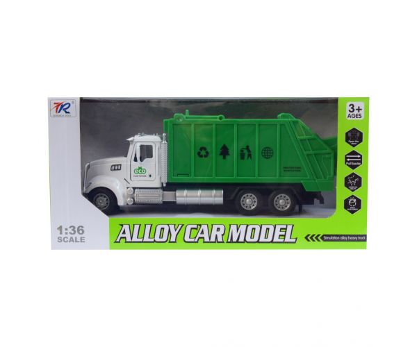 Heavy Duty Truck: Hátrahúzós fém szelektív hulladékgyűjtő teherautó modell nyitható ajtókkal és kukával 1/36