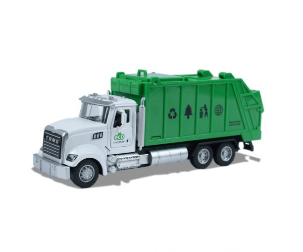 Heavy Duty Truck: Hátrahúzós fém szelektív hulladékgyűjtő teherautó modell nyitható ajtókkal és kukával 1/36