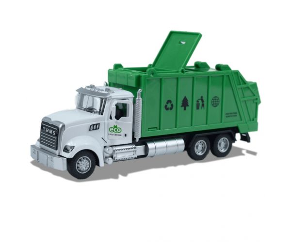 Heavy Duty Truck: Hátrahúzós fém szelektív hulladékgyűjtő teherautó modell nyitható ajtókkal és kukával 1/36