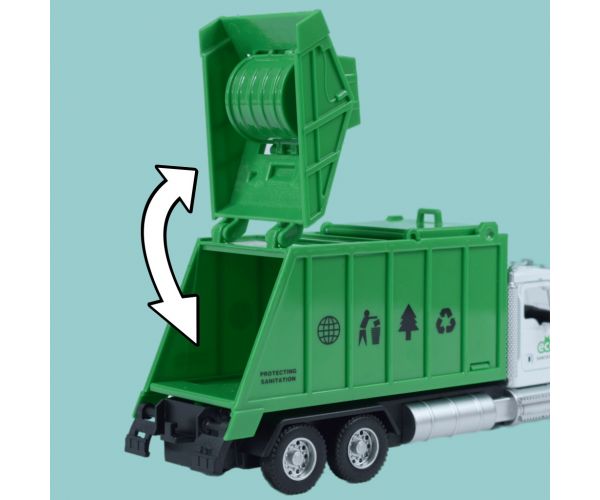 Heavy Duty Truck: Hátrahúzós fém szelektív hulladékgyűjtő teherautó modell nyitható ajtókkal és kukával 1/36
